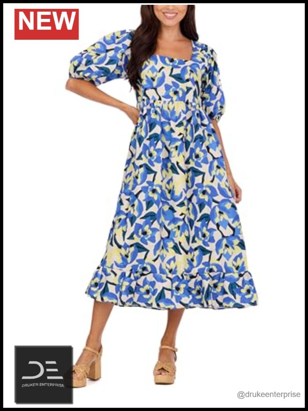 Gentry Printed Cotton Poplin Midi Dress Square Neck Balloon Sleeve